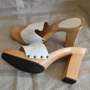 Vtg 90s Nicole Miller for Candies White Leather Wood Heel Slides Sz 8